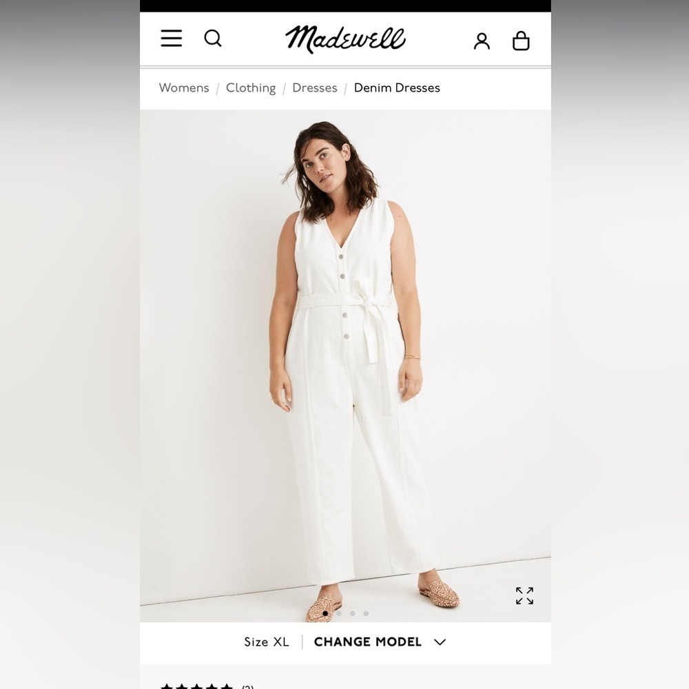 Madewell Denim Tie Waist White Button-Front Jumpsuit L